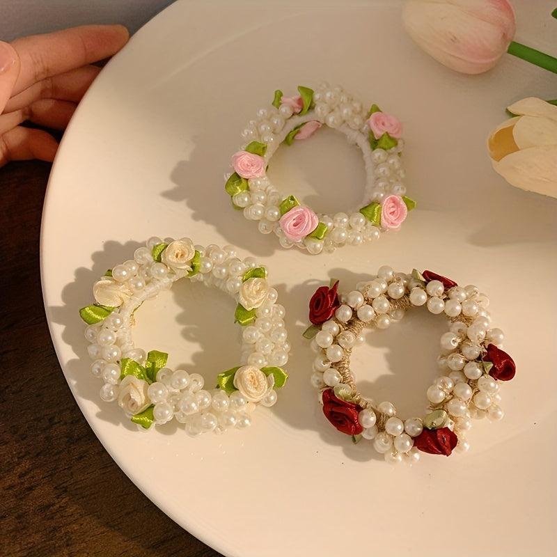 Faux Pearl Hair Tie Fabric Rose Decor Hair Rope Sweet Ponytail Holder