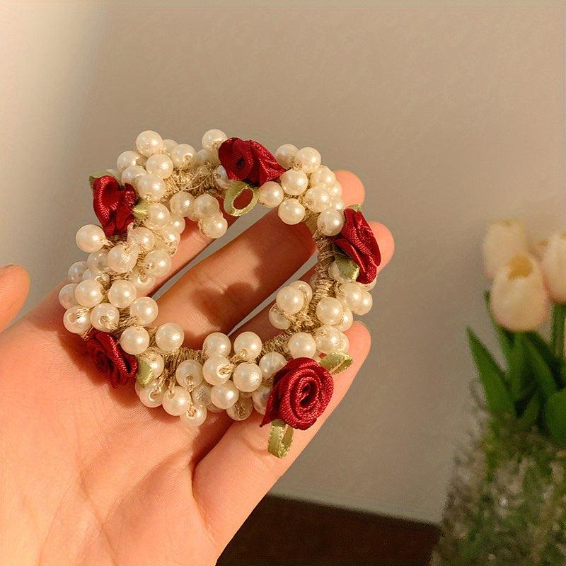 Faux Pearl Hair Tie Fabric Rose Decor Hair Rope Sweet Ponytail Holder