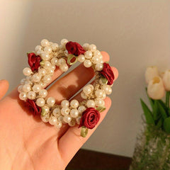 Faux Pearl Hair Tie Fabric Rose Decor Hair Rope Sweet Ponytail Holder