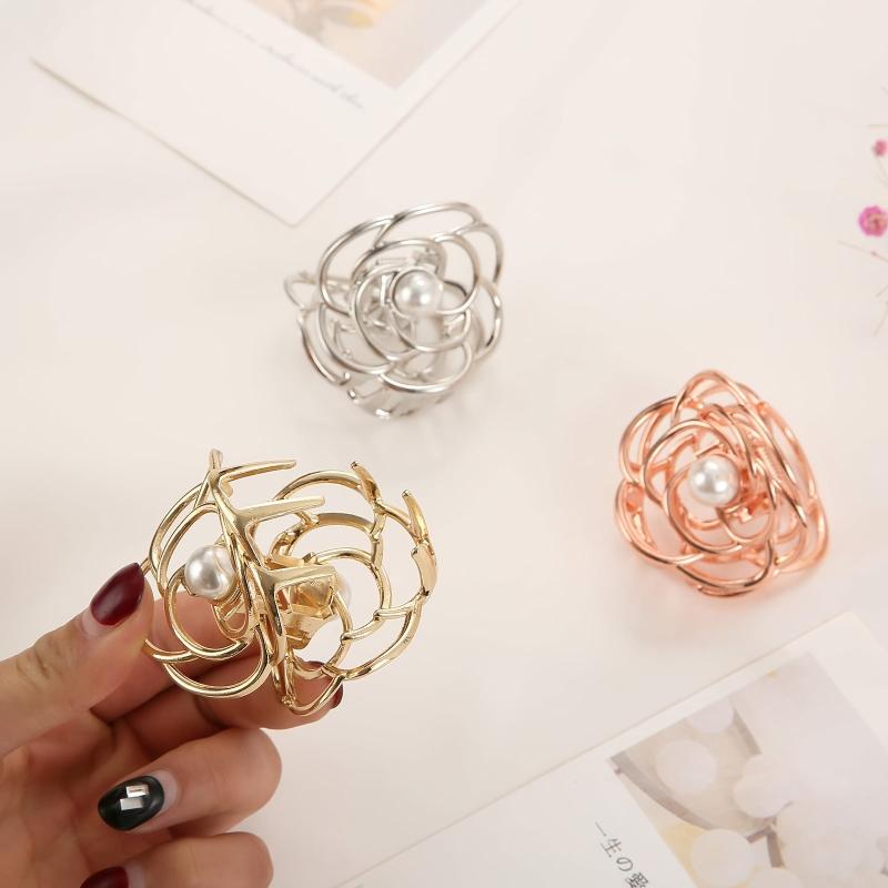 3pcs Mini Rose Flower Hair Claw Clips For Women Faux Pearl Small Hair Clip