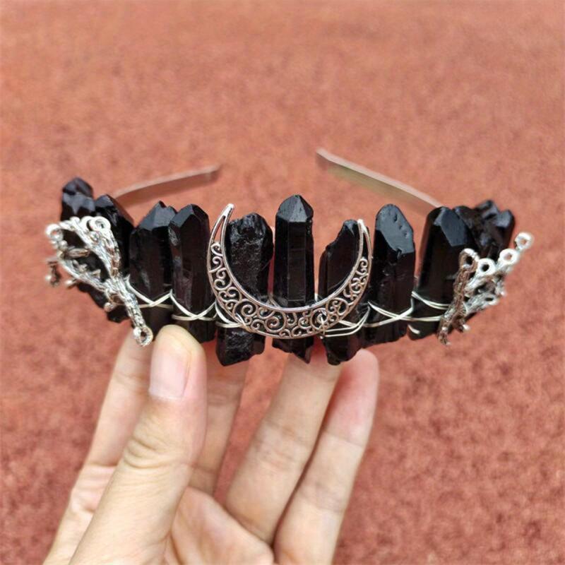 Crystal Quartz Hollow Moon Crown Tiara Headband for Women
