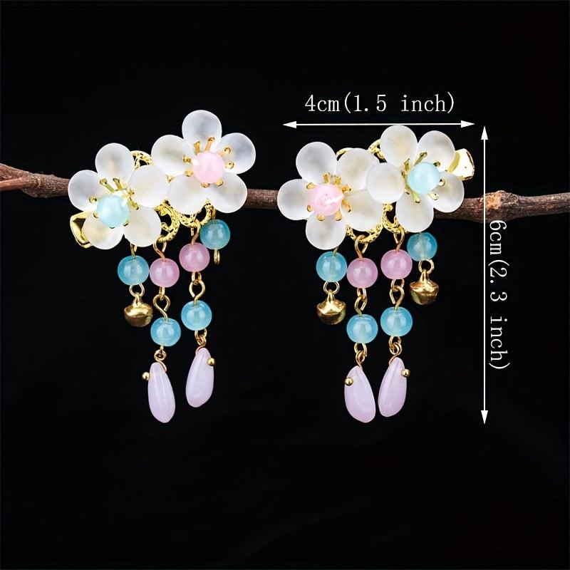 Crystal Inlaid Flower Hair Clip with Bell Pendant