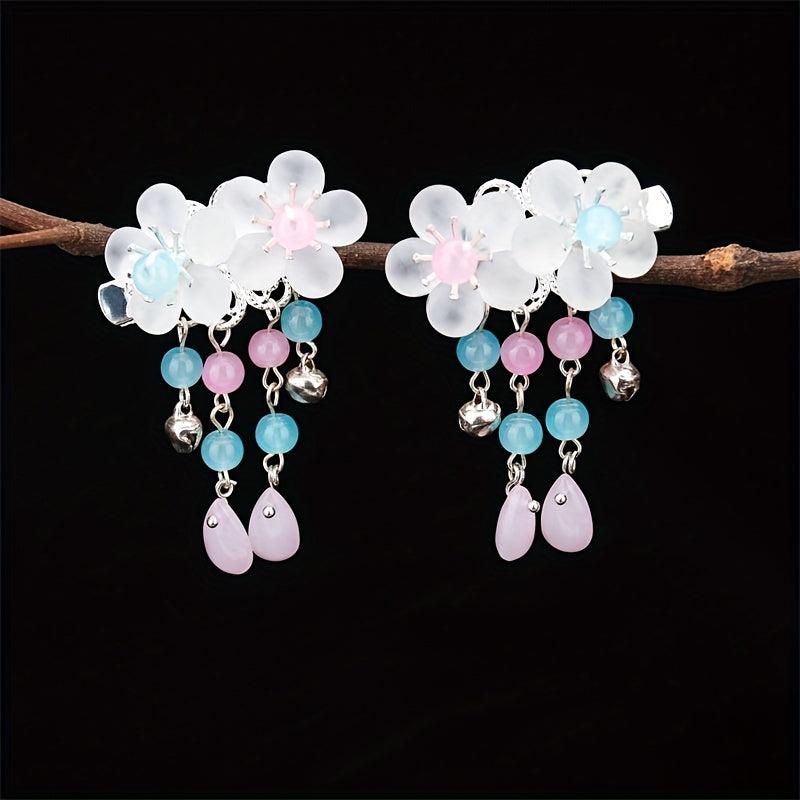 Crystal Inlaid Flower Hair Clip with Bell Pendant
