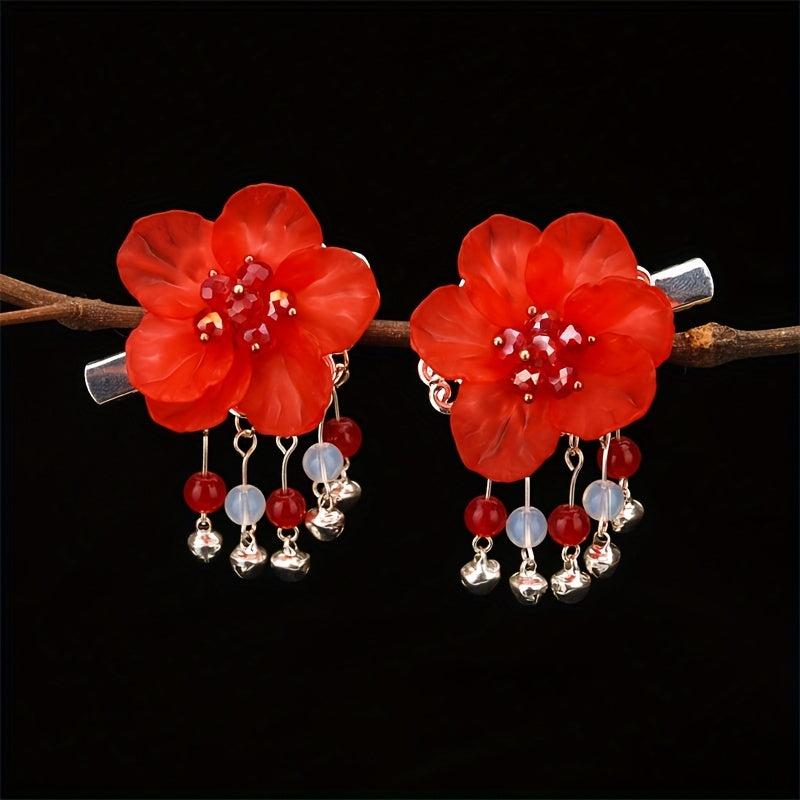 Crystal Inlaid Flower Hair Clip with Bell Pendant