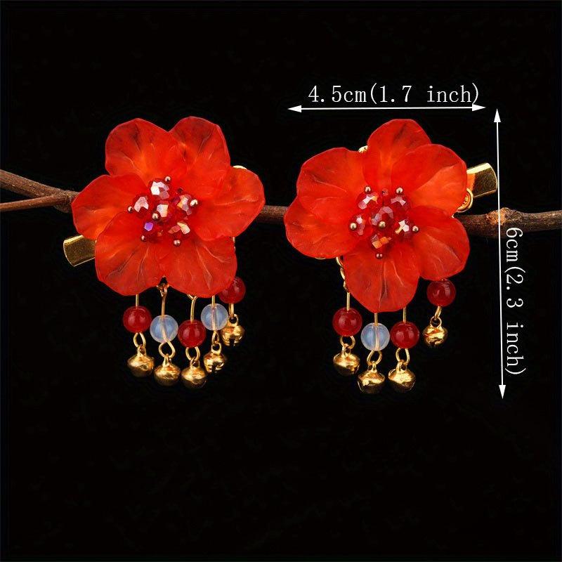 Crystal Inlaid Flower Hair Clip with Bell Pendant