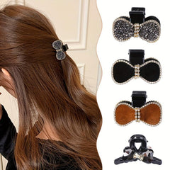 Velvet Bow Hair Claw Rhinestone Brimmed Hair Claw Clip