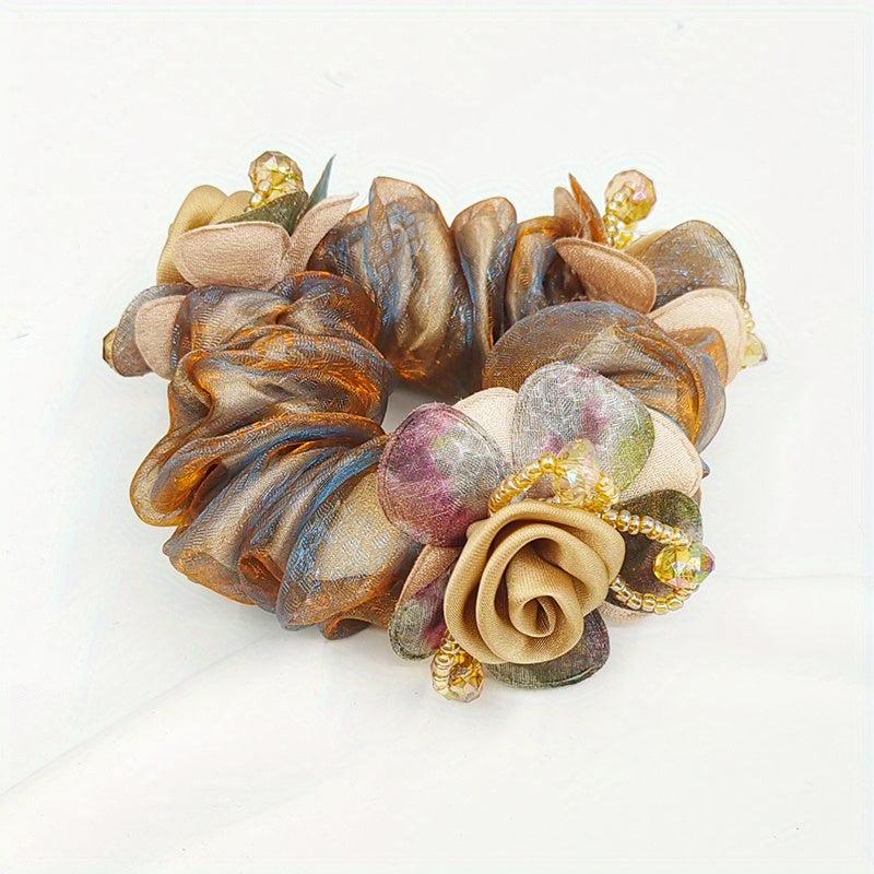 Boho Flower Scrunchies Hair Tie Crystal Beaded Hair Rope Ponytail Holder