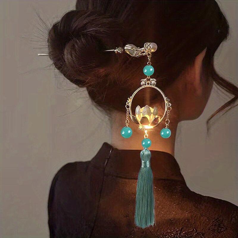 Vintage Hair Pin With Lotus Lantern Tassel Retro Style Palace Hairpin