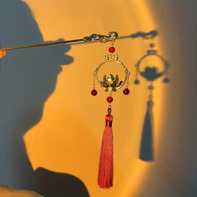 Vintage Hair Pin With Lotus Lantern Tassel Retro Style Palace Hairpin