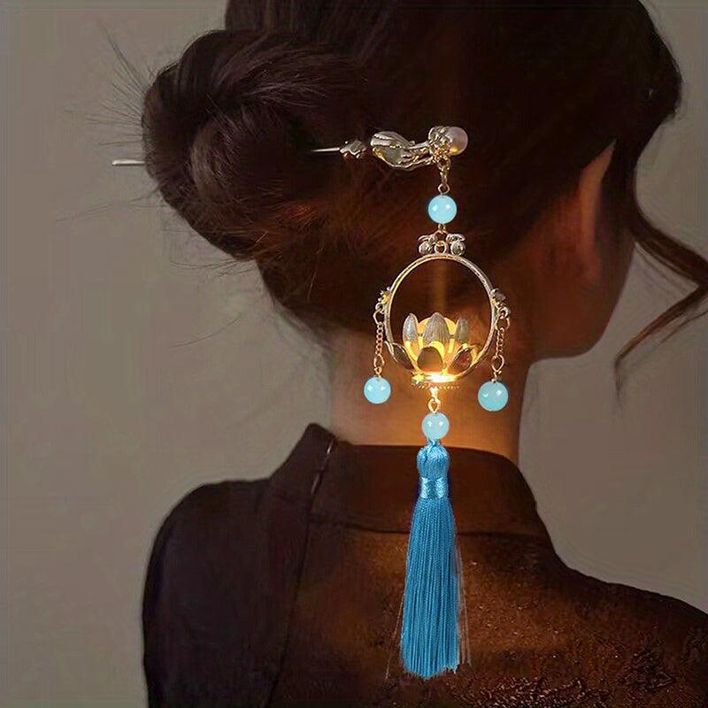 Vintage Hair Pin With Lotus Lantern Tassel Retro Style Palace Hairpin