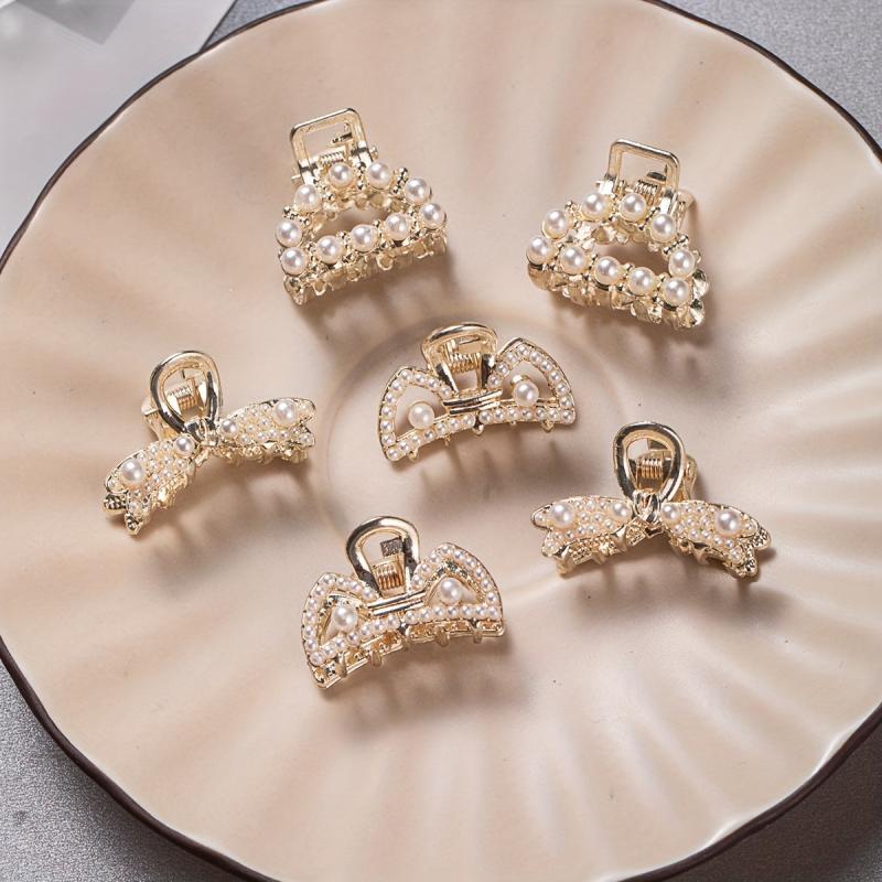 6pcs Mini Alloy Hair Claw Faux Pearl Hair Claw Hollow Nonslip Shark Claw