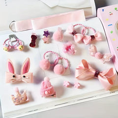 14pcs Girls Hair Accessories Set Crown Hair Tie Bow Duckbill Clip Cartoon Rabbit