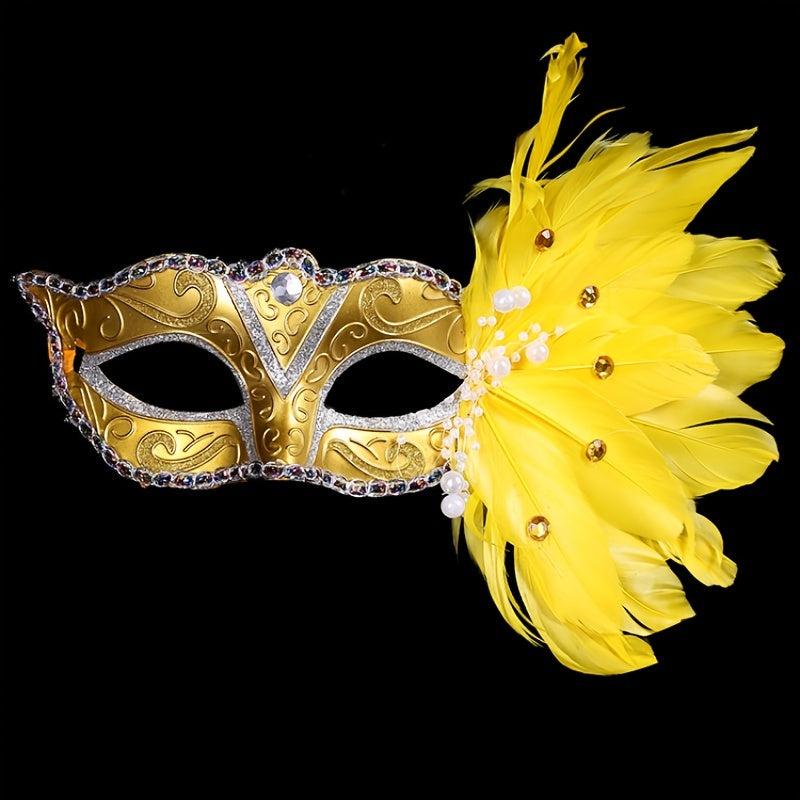 Masquerade Party Mask with Faux Feather & Pearl