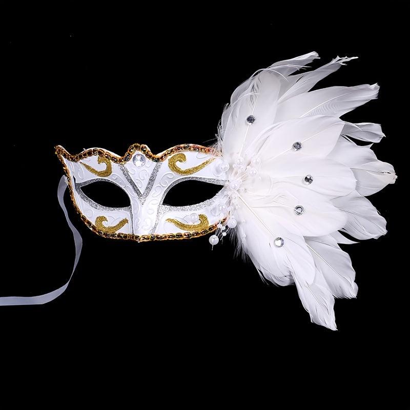 Masquerade Party Mask with Faux Feather & Pearl