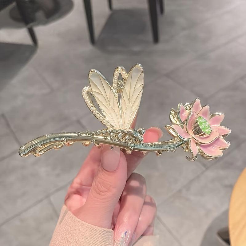 Chinese Style Lotus Flower Hair Claw Clip Vintage Enamel Non Slip Grip Hair Jaw
