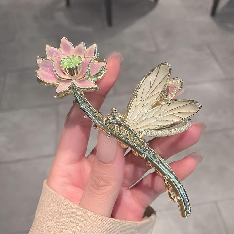 Chinese Style Lotus Flower Hair Claw Clip Vintage Enamel Non Slip Grip Hair Jaw