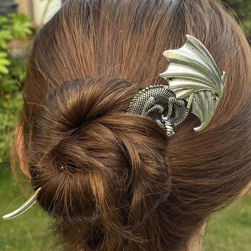 Silvery Dragon Hairpin Viking Style Hair Stick Ponytail Holder Vintage Hair Pin