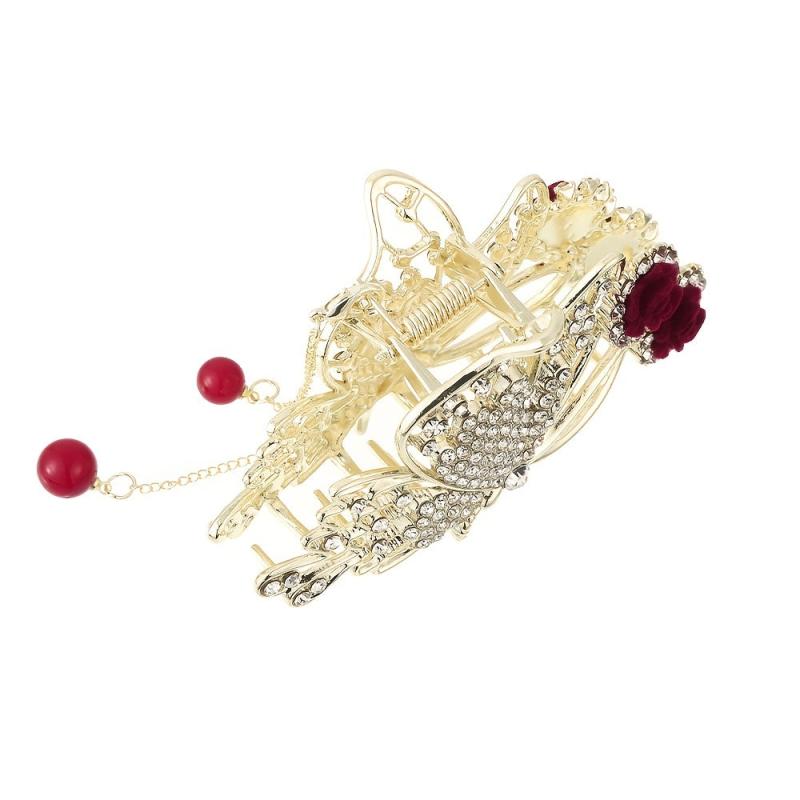 Red Rose Hair Claw Clip Tassel Ponytail Holder for Women