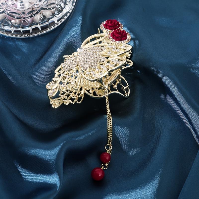 Red Rose Hair Claw Clip Tassel Ponytail Holder for Women