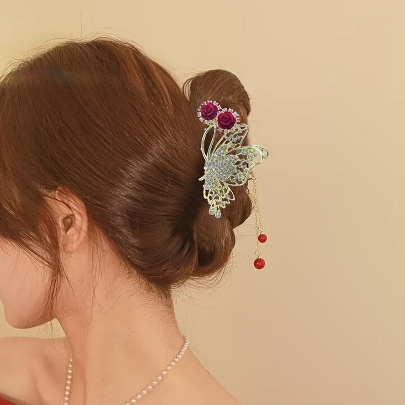 Red Rose Hair Claw Clip Tassel Ponytail Holder for Women