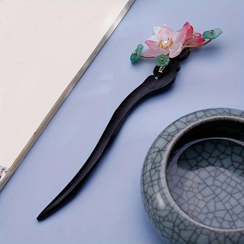 Vintage Lotus & Pearl Wooden Hair Pin Holder