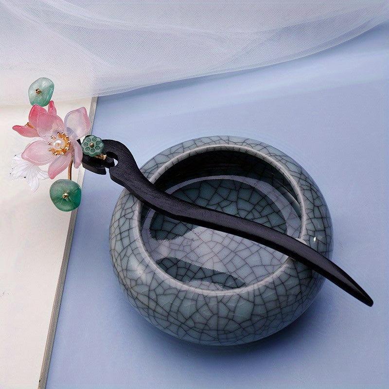 Vintage Lotus & Pearl Wooden Hair Pin Holder