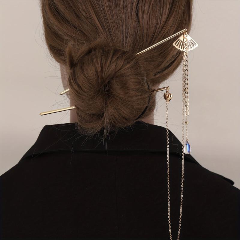 Retro Hair Pin Mini Fan Shape Decor Pendant Double Hairpin Ponytail Holder