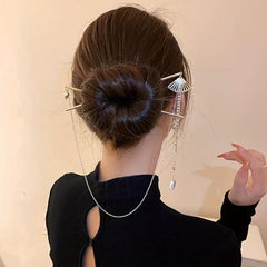 Retro Hair Pin Mini Fan Shape Decor Pendant Double Hairpin Ponytail Holder