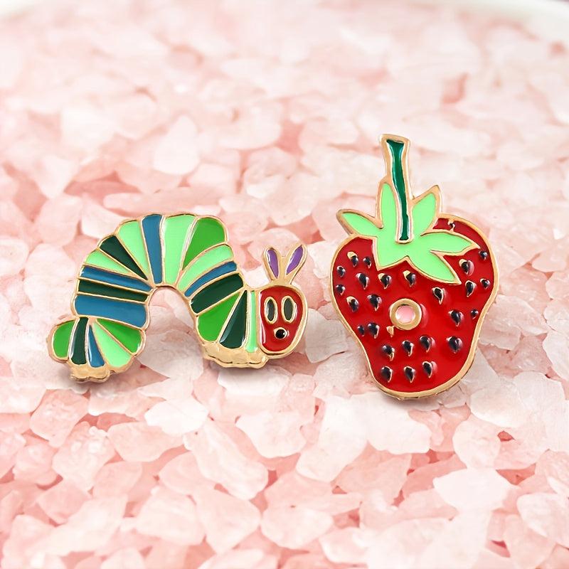 Cute Strawberry Worm Enamel Pins