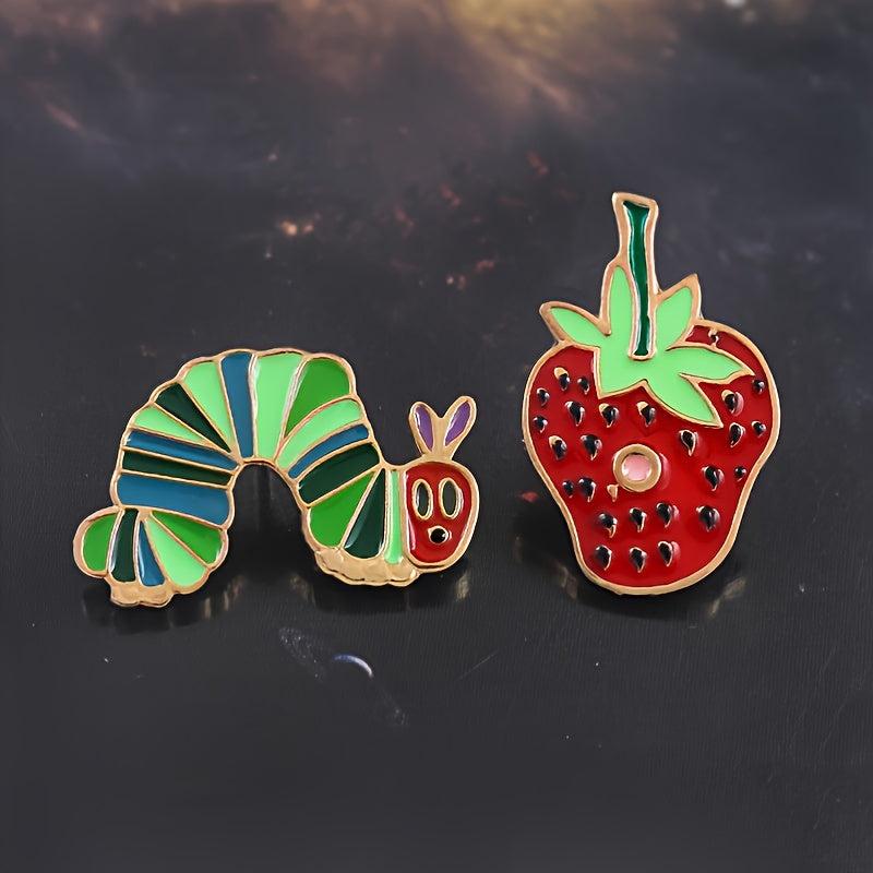 Cute Strawberry Worm Enamel Pins
