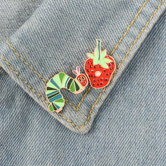 Cute Strawberry Worm Enamel Pins