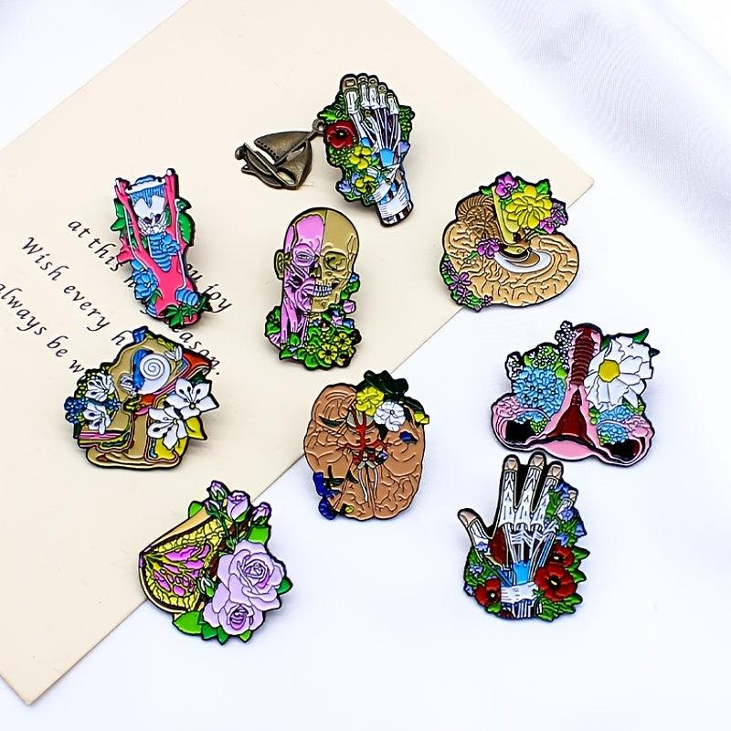 Flower Brooch with Skull and Spine Design