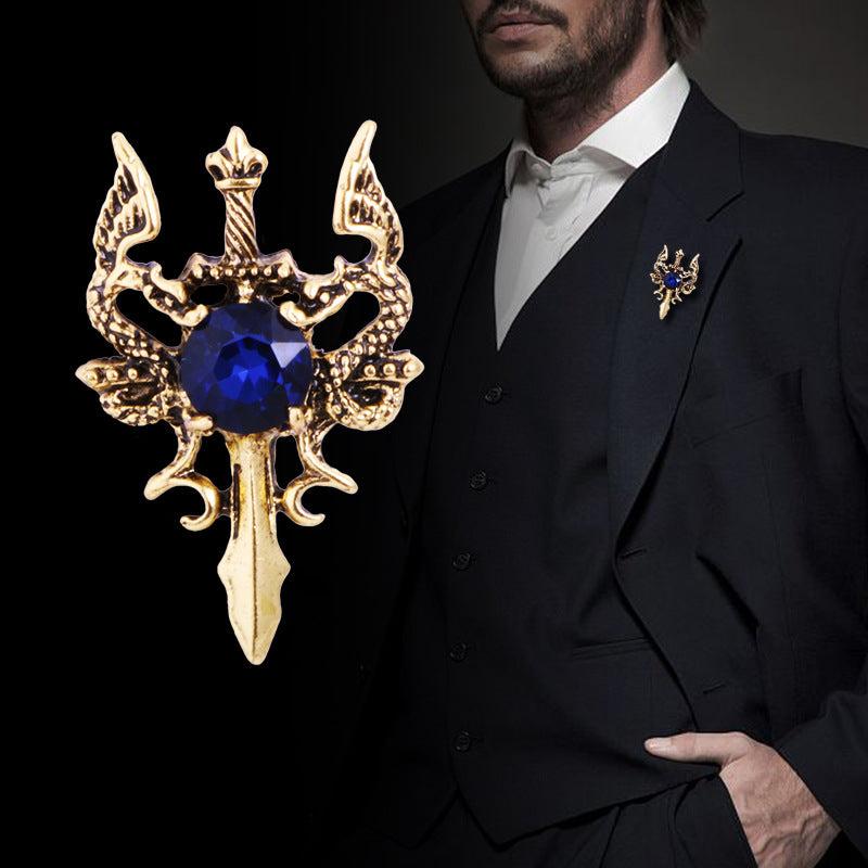 Men's Vintage Double Dragon Sword Suit Brooch