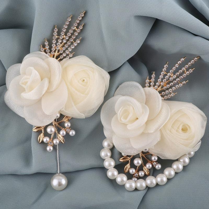 Ivory Crystal Rose Wedding Boutonniere