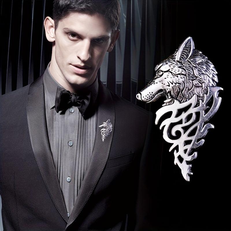 Retro Wolf Head Brooch Collar Pin for Men's Suit