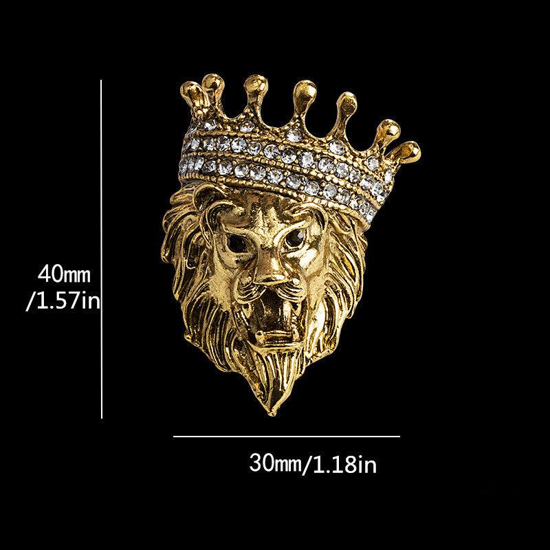 Vintage Animal Lion Head Brooch Crystal Crown Lapel Pin For Men And Women