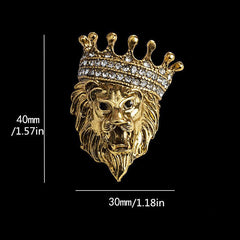 Vintage Animal Lion Head Brooch Crystal Crown Lapel Pin For Men And Women