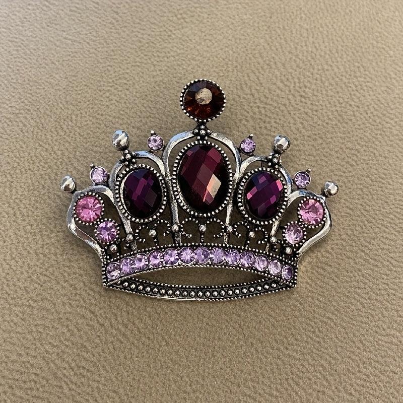 Vintage Purple Rhinestone Crown Brooch for Men Unisex