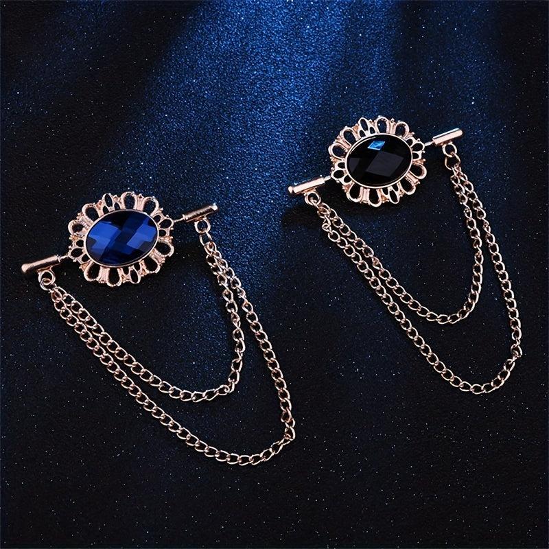 Tassel Oval Gemstone Collar Pin Men's Personality Collar Angle Chain Brooch