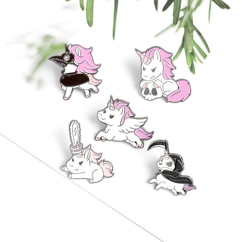 5pcs Cartoon Alloy Paint High Unicorn Brooch Pink Skull Pony Collar Pin