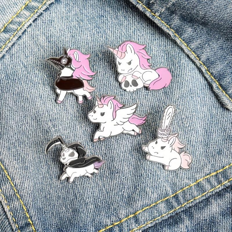 5pcs Cartoon Alloy Paint High Unicorn Brooch Pink Skull Pony Collar Pin