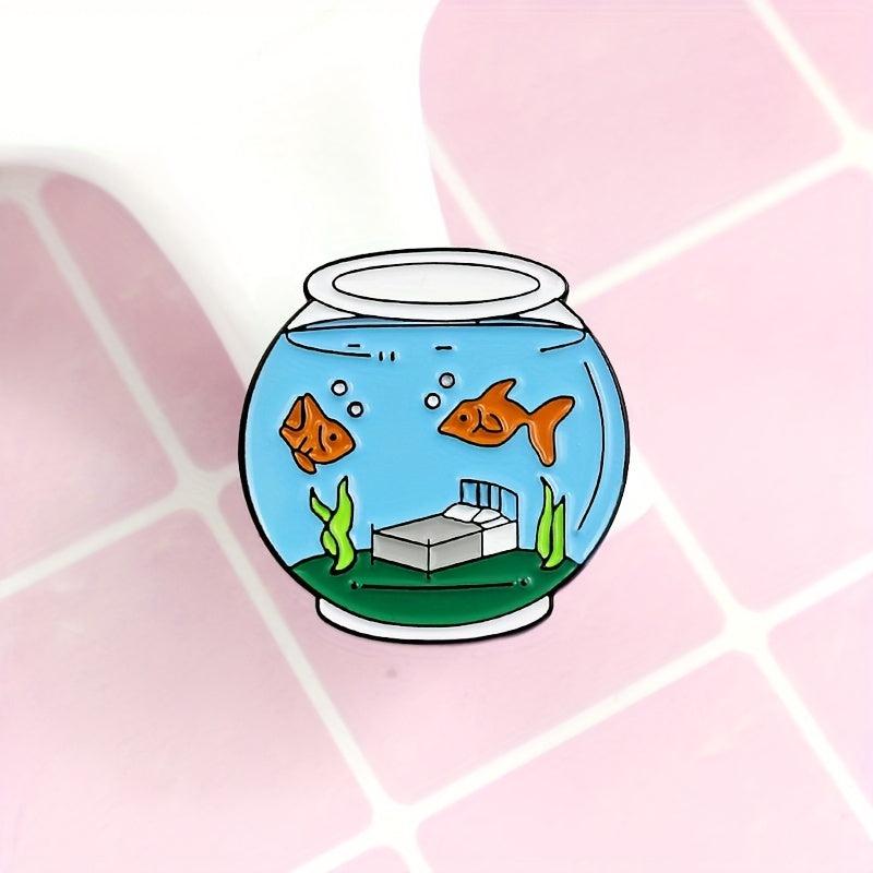 Cartoon Fish Tank Brooch with Seaweed Design
