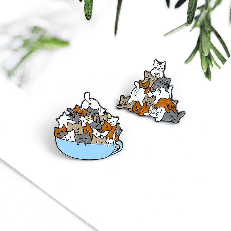 Cat in Bowl Brooch Pin - Playful Kitten Jewelry Accessory