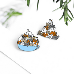 Cat in Bowl Brooch Pin - Playful Kitten Jewelry Accessory