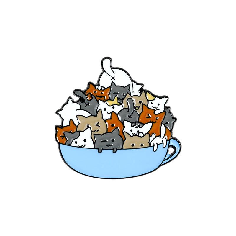 Cat in Bowl Brooch Pin - Playful Kitten Jewelry Accessory