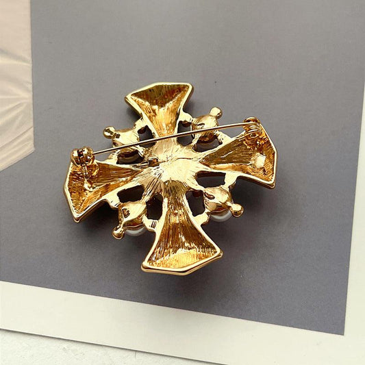 Vintage Baroque Enamel Pearl Brooch Retro Court Cross Brooch Pin