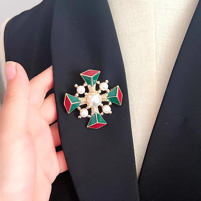Vintage Baroque Enamel Pearl Brooch Retro Court Cross Brooch Pin