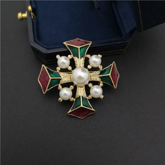 Vintage Baroque Enamel Pearl Brooch Retro Court Cross Brooch Pin