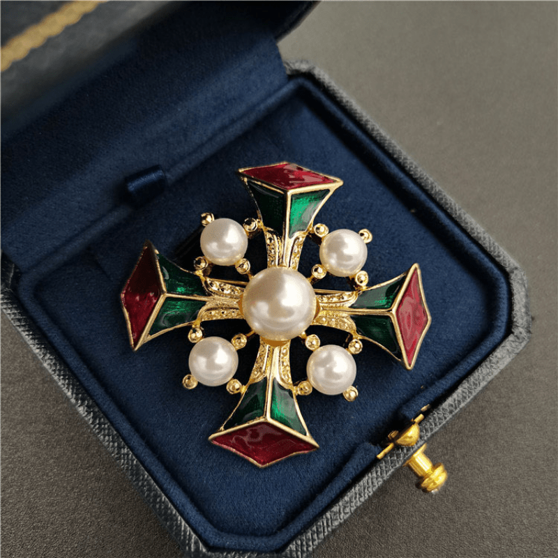 Vintage Baroque Enamel Pearl Brooch Retro Court Cross Brooch Pin