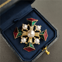 Vintage Baroque Enamel Pearl Brooch Retro Court Cross Brooch Pin